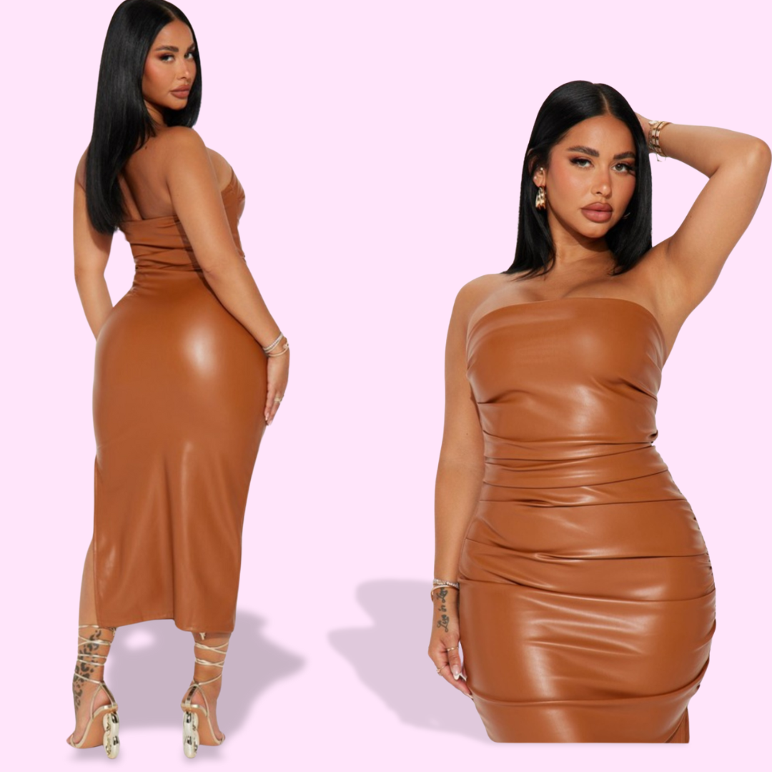 Cognac Brown Faux Leather Dress