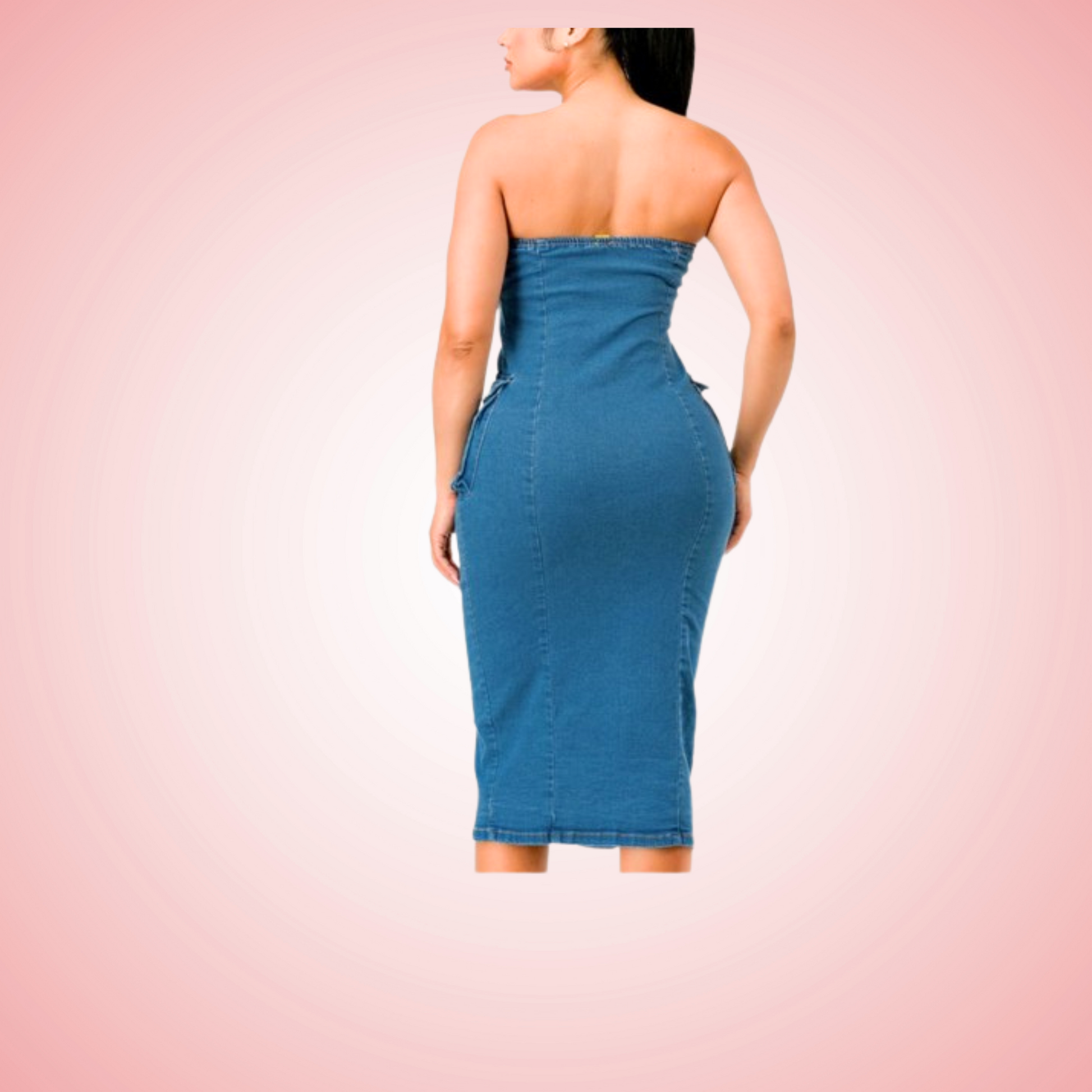 Woman wearing a blue strapless dress on a pink background