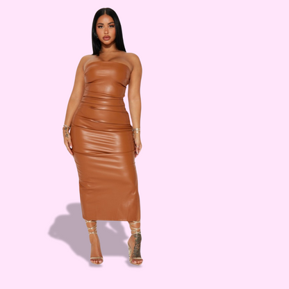 Cognac Brown Faux Leather Dress Streamline Boutique Cognac Brown Faux Leather Dress Streamline Boutique