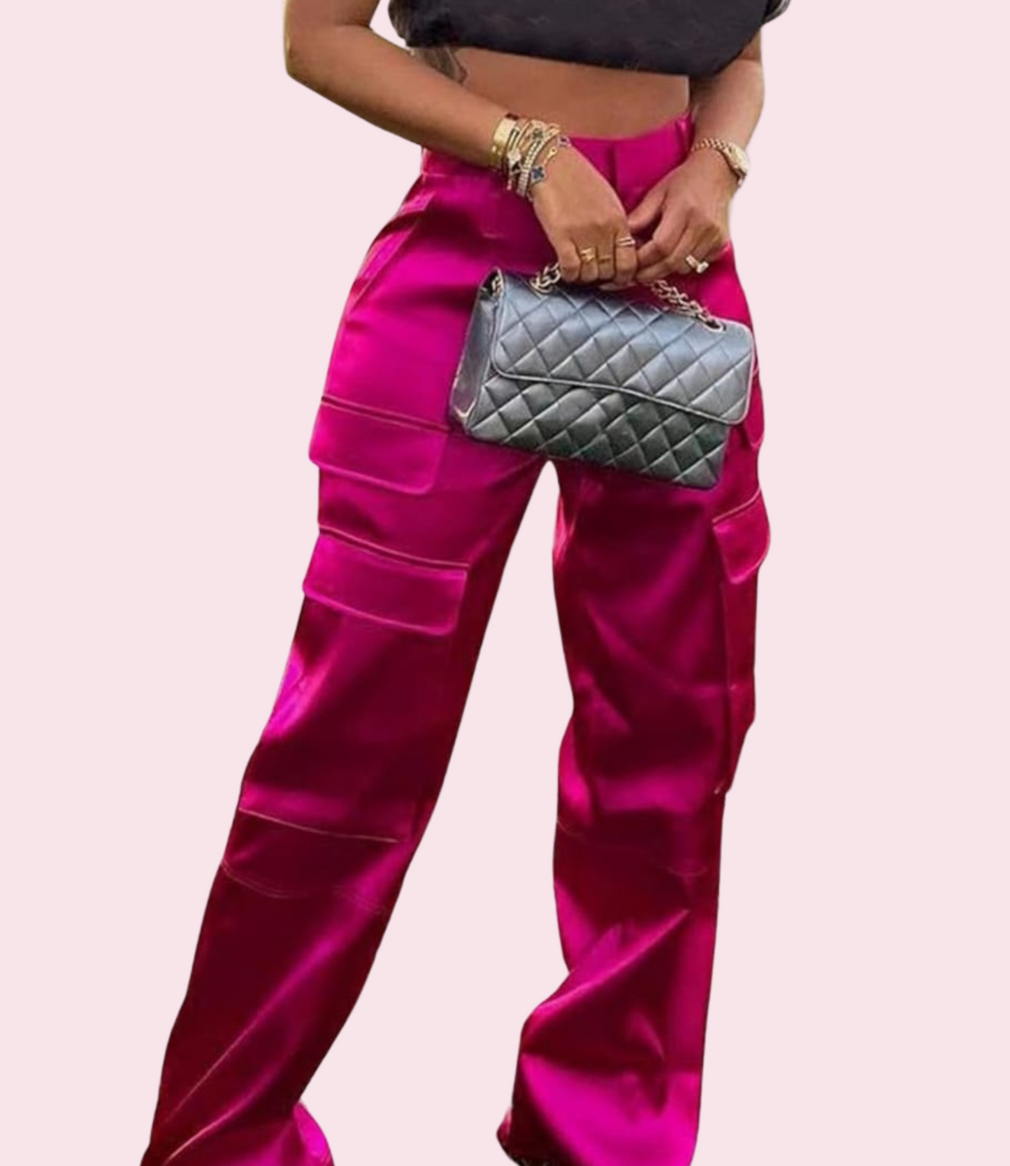 Pink Satin Cargo Pants